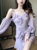 Sweet Korean Fashion Slim Sexy Fairy Dresses Women Purple Off Shoulder Kawaii Pearl with Ruffle Patchwork Parties Women's Dress
