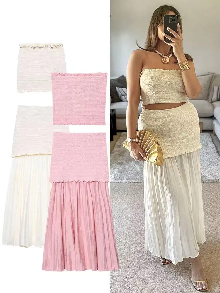 HH Eleganter, solider Strickanzug für Damen, schulterfrei, ärmellos, Röhrenoberteil + A-Linie, plissiert, Spleißen, Midirock, Sommer-Chic-Set