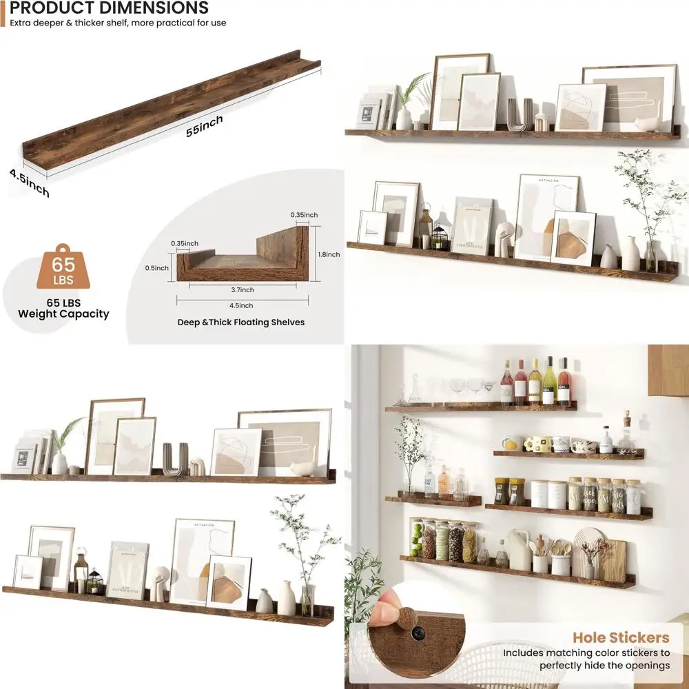 

Rustic 55 Floating Shelves Set, 2-Piece Wall Mount for Home Storage & Decor in Various Rooms, Brown