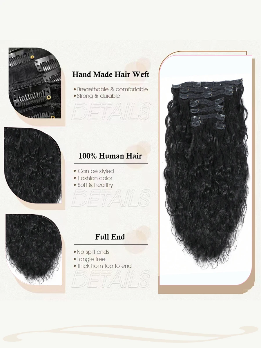 Water Wave Clip In 100% Human Hair Extension For Woman-Full Head Clip In Hair Extension 10-30 Inches,Nature Black Color,8Pcs/Set