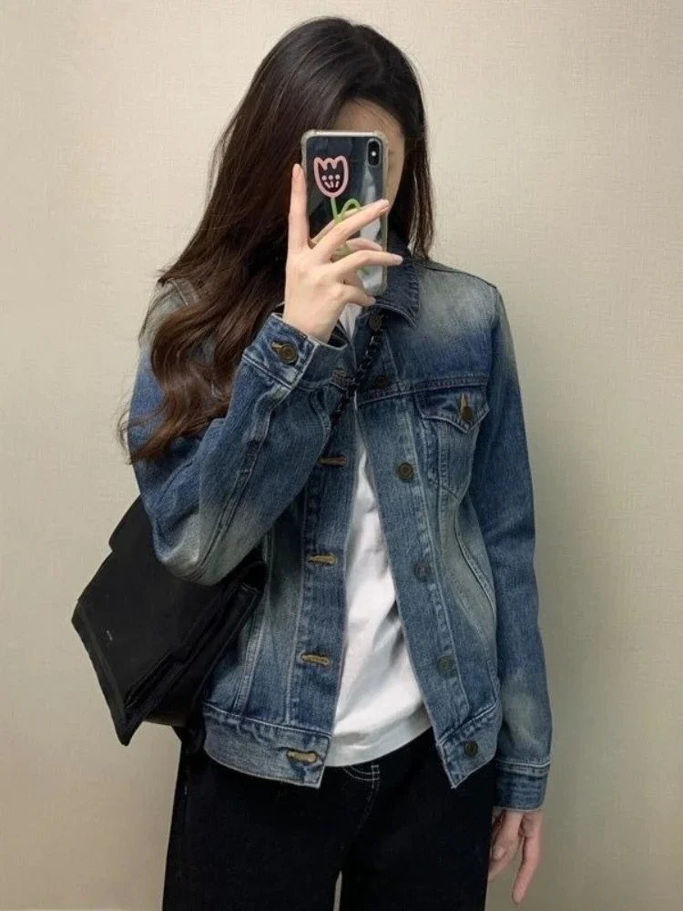 Women Spring Autumn 2026 New American Vintage Denim Jacket Korean Style Loose Age-Reducing Petite Casual Top