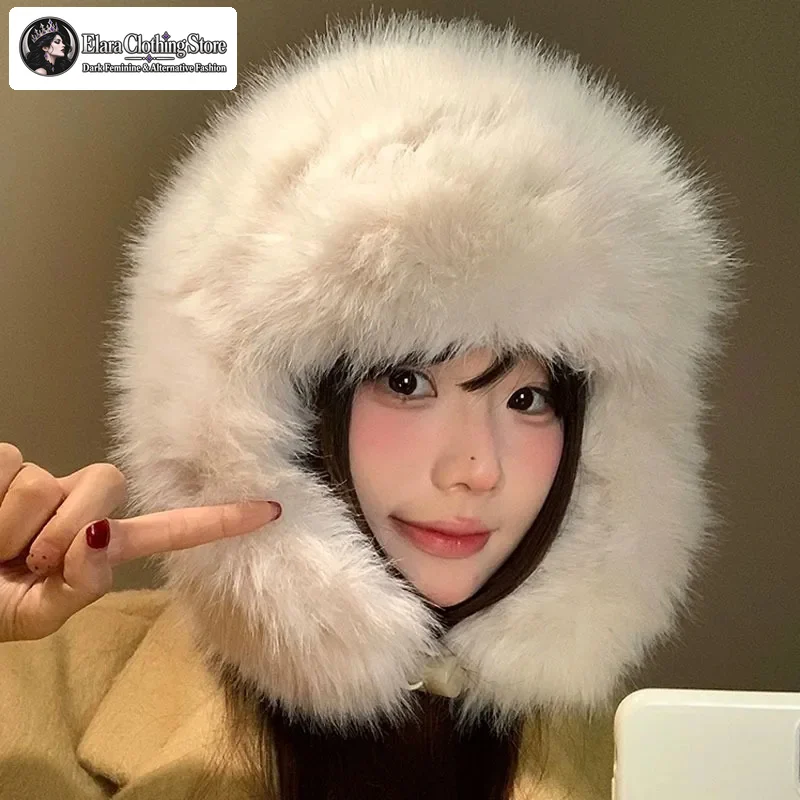Unisex Adult Winter Faux Fur Trapper Hat Fluffy Long Earflaps Adjustable Buckle Chin Strap Solid Colors Casual Style Bomber Cap