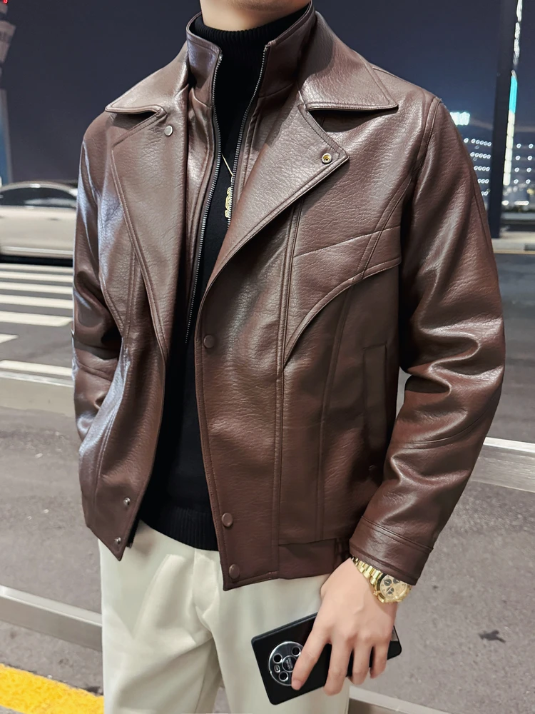 

Мужская кожаная куртка-обманка из искусственной кожи с утепленным воротником-стойкой, мотоциклетный стиль, теплая зимняя верхняя одежда