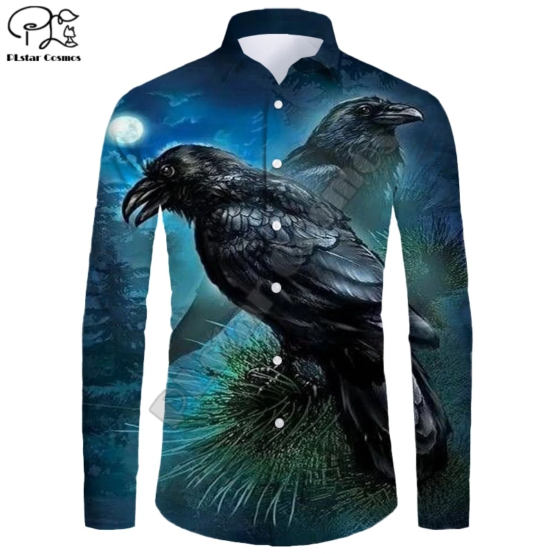 Chemise hawaïenne à manches longues, impression 3D, série Halloween, motif corbeau, chemise décontractée unisexe, nouveau