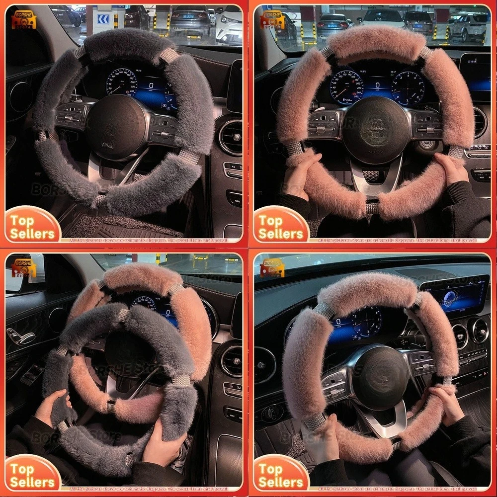 

2026 Soft Plush Steering Wheel Cover for Car Suitable for Various Models Winter Warm Diamond Decorated Fashion Accessory