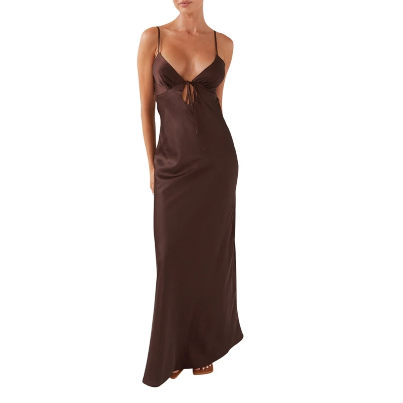 Satijnen lange jurk voor dames Zomer Tie Up Front V-hals Cami-jurk Effen kleur Mouwloze rugloze feestjurk