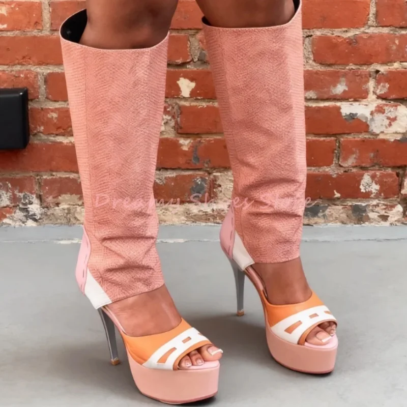 

Mixed Colors Platform Knee High Boots Women Open Toe Hollow Stiletto Boots 2025 Fashion Sexy Party Runway Ladies Shoes New Style