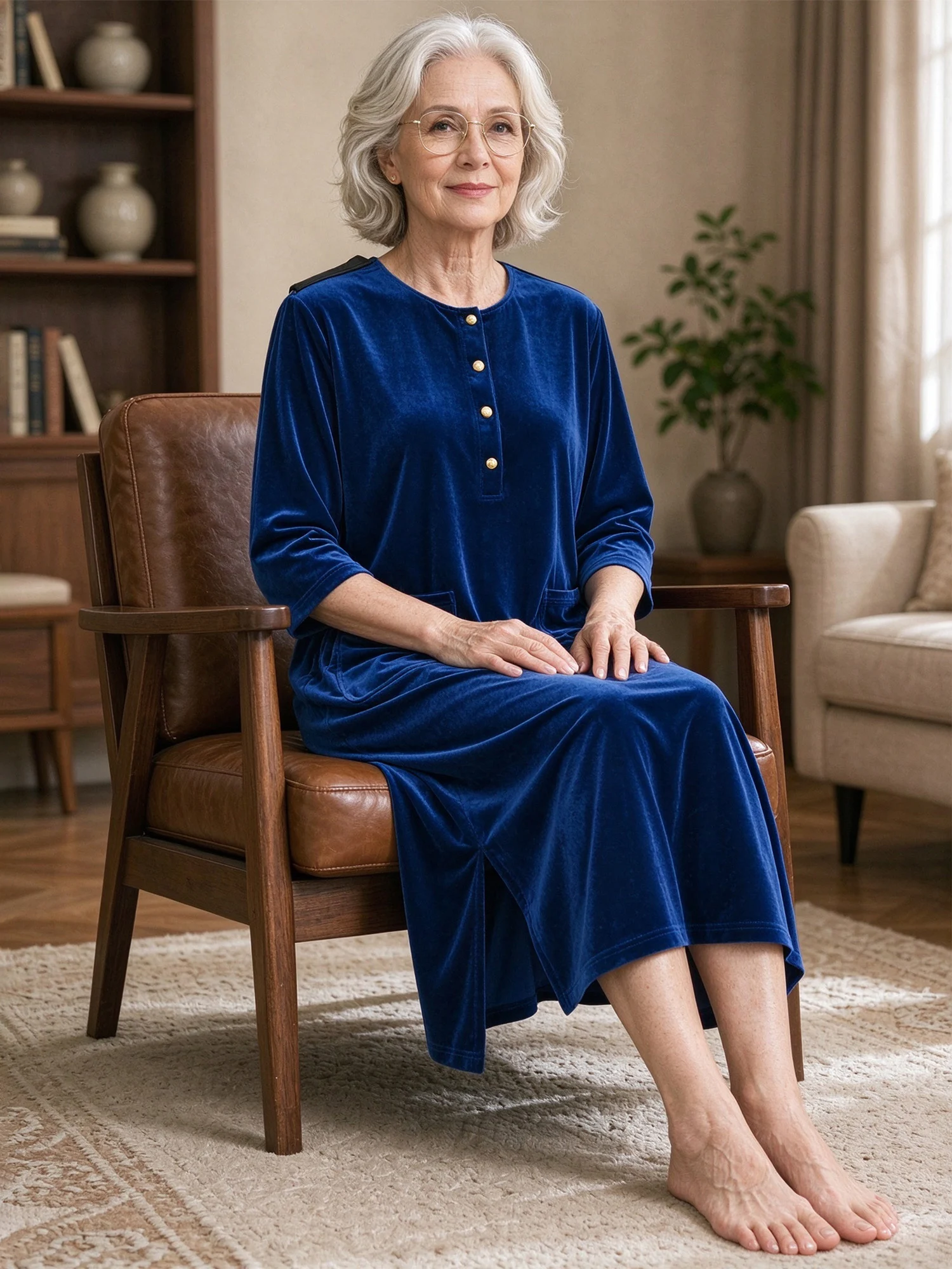 Women Open Back Adaptive Velvet Dress Side Slit Midi Dress for Nursing Home Hospital Patient Elderly Rompers Special Needs Dress