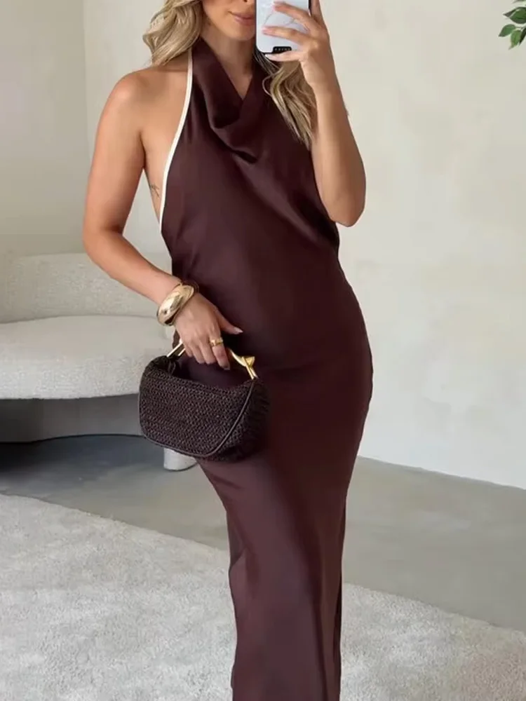 فستان نسائي أنيق من HH بياقة معلقة وياقة على شكل زر فستان بني صيفي أنيق مثير بدون ظهر بدون أكمام للحفلات فساتين طويلة #3