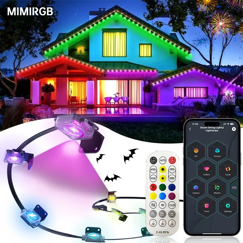 100FT 60LEDs Smart Outdoor String Lights IP67 Waterproof App Control RGBIC DIY Music Sync for Patio Eave Party Decoration Lighti