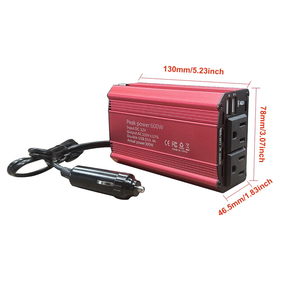 600W 300W Peak Power 300W 150WRated Power Car Power Inverter DC 12V to AC110V USB Car Adapter Converter Improved Multi-function