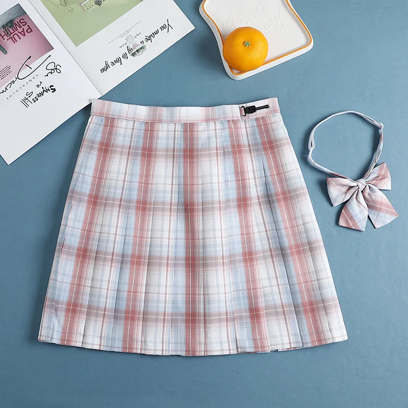 TOTRUST Fashion Pleated Skirts Womens 2022 Summer High Waist Plaid Skirt With Matching Bowtie School Student Gilrls Mini Skirt