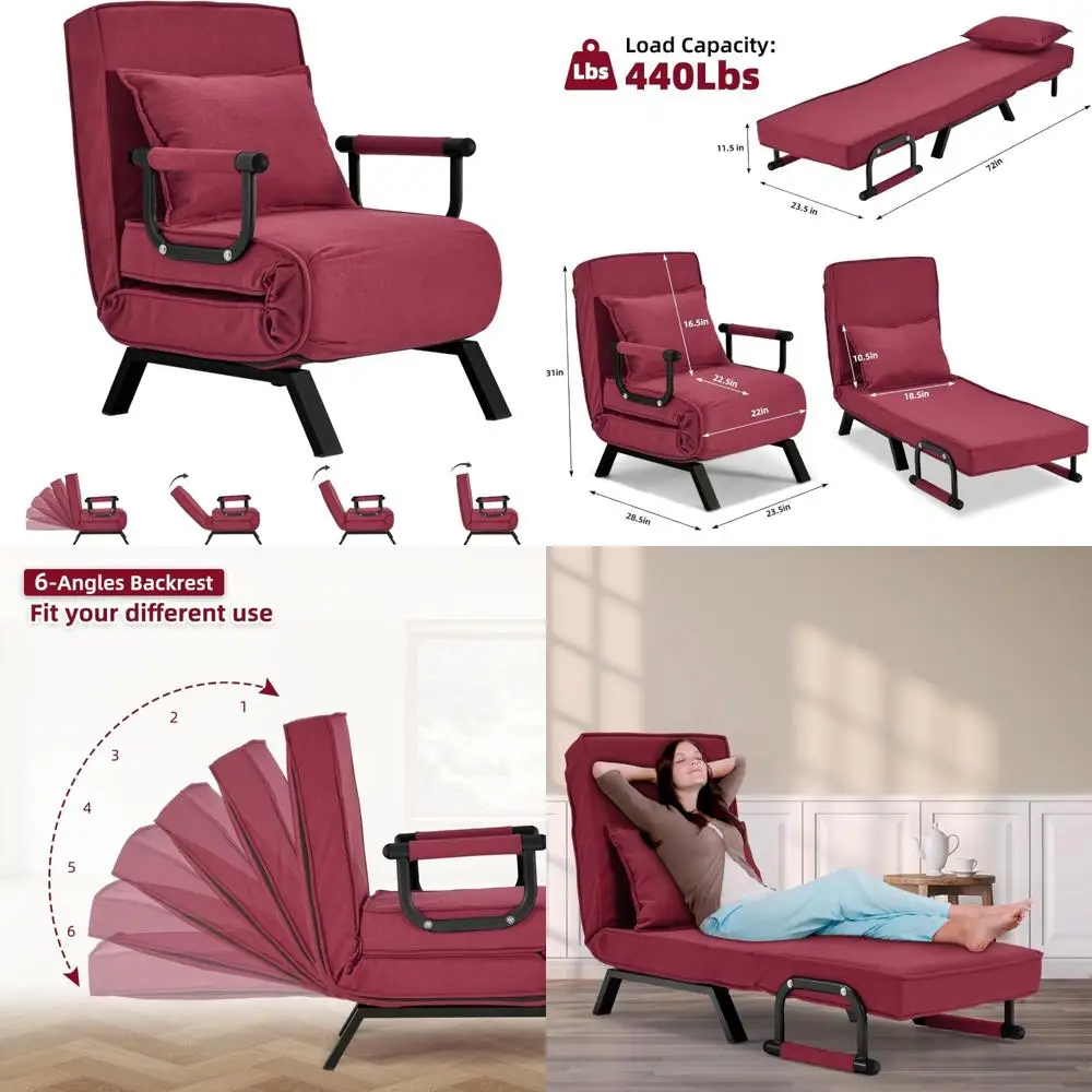 Upholstered Tri-fold Armchair Sleeper with Pillow, Folding Multi-Angle Leisure Chaise Lounge Couch