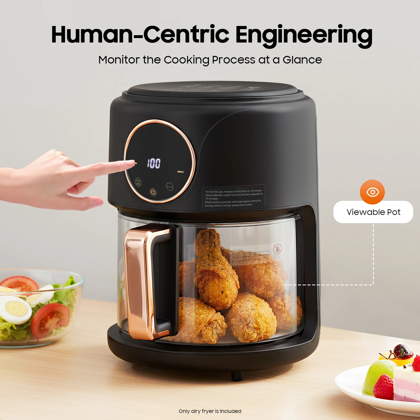 

Black Airy Fryer, 4.2L/4.44Qt Glass Air Fryer, 360° Viewable Airy Fryer, for Frying Chicken Wings, French fries, Shrimp, 1200W