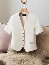 Fashion Trend Suit Jacket Elegant Women's Temperament Short Sleeve Simple V-neck Single Breasted Small Coat Casual Solid Color