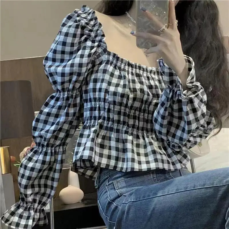 Lantern Sleeves Elastic Square Collar Checkered Long Sleeved French Shirt Women\'s Spring and Autumn Retro Top