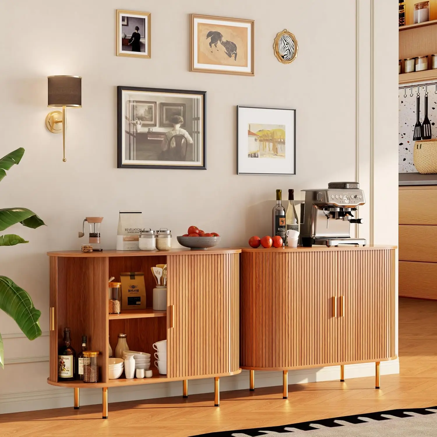 Mid Century Fluted Sideboard Buffet with Tambour Doors & Adjustable Shelf for Kitchen Living Room Entryway, Customized