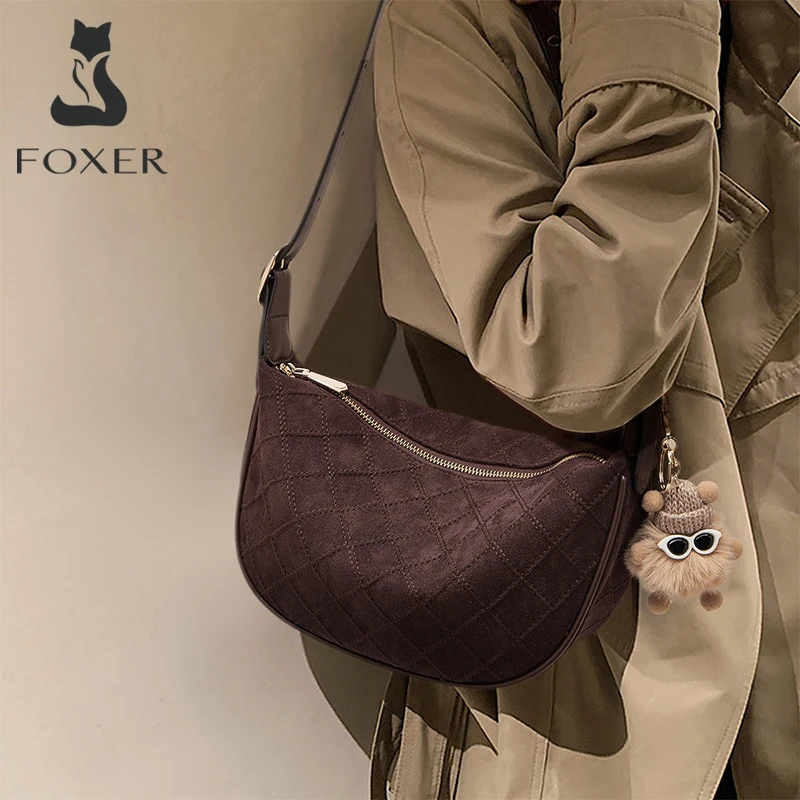 

FOXER 2025 Autumn Winter Plush Fabric Shoulder Bag for Women Chic Hobo Bag Casual Female's Crossbody Purse Small Phone Bag