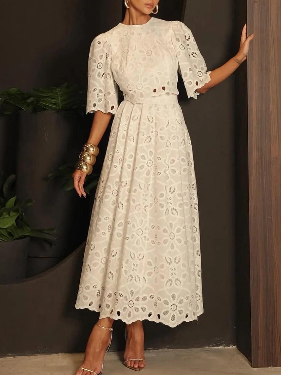 VGH Solid Elegant Two Piece Set for Women O Neck Half Sleeve Top High Waist Spliced Hollow Out A Line Skirt Outfit Female Summer