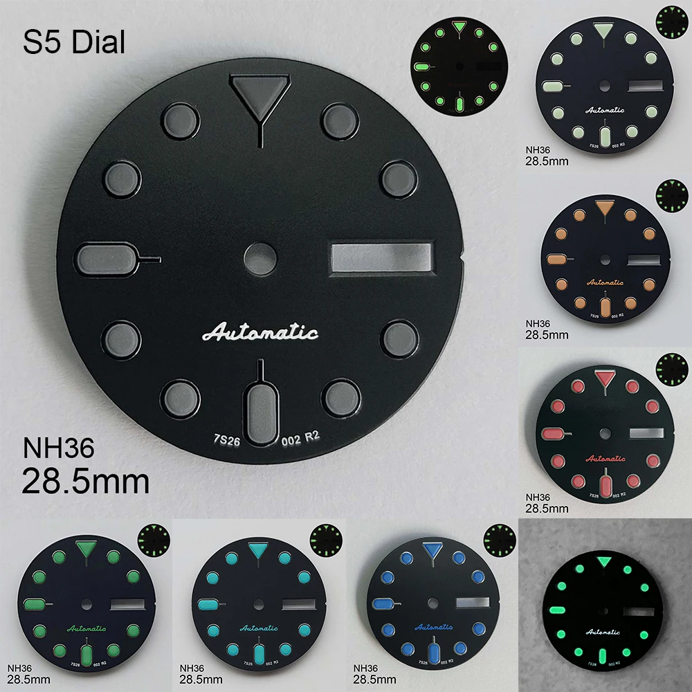 28.5mm SKX007 S5 Dial Fit NH36/4R36 Movement Green Luminous Quality Matte Black Dual Calendar Watch Modification Accessories