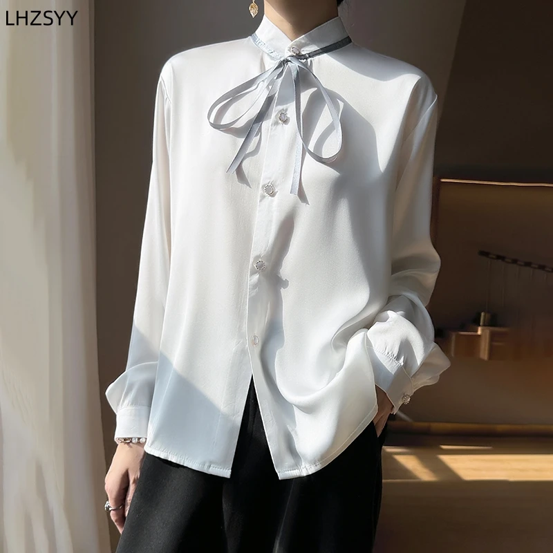 LHZSYY New Cardigan Stand-up Collar High-Quality Silk Satin Shirt Women's Spring Fashion Of Foreign Style Blouse Long Sleeve Top