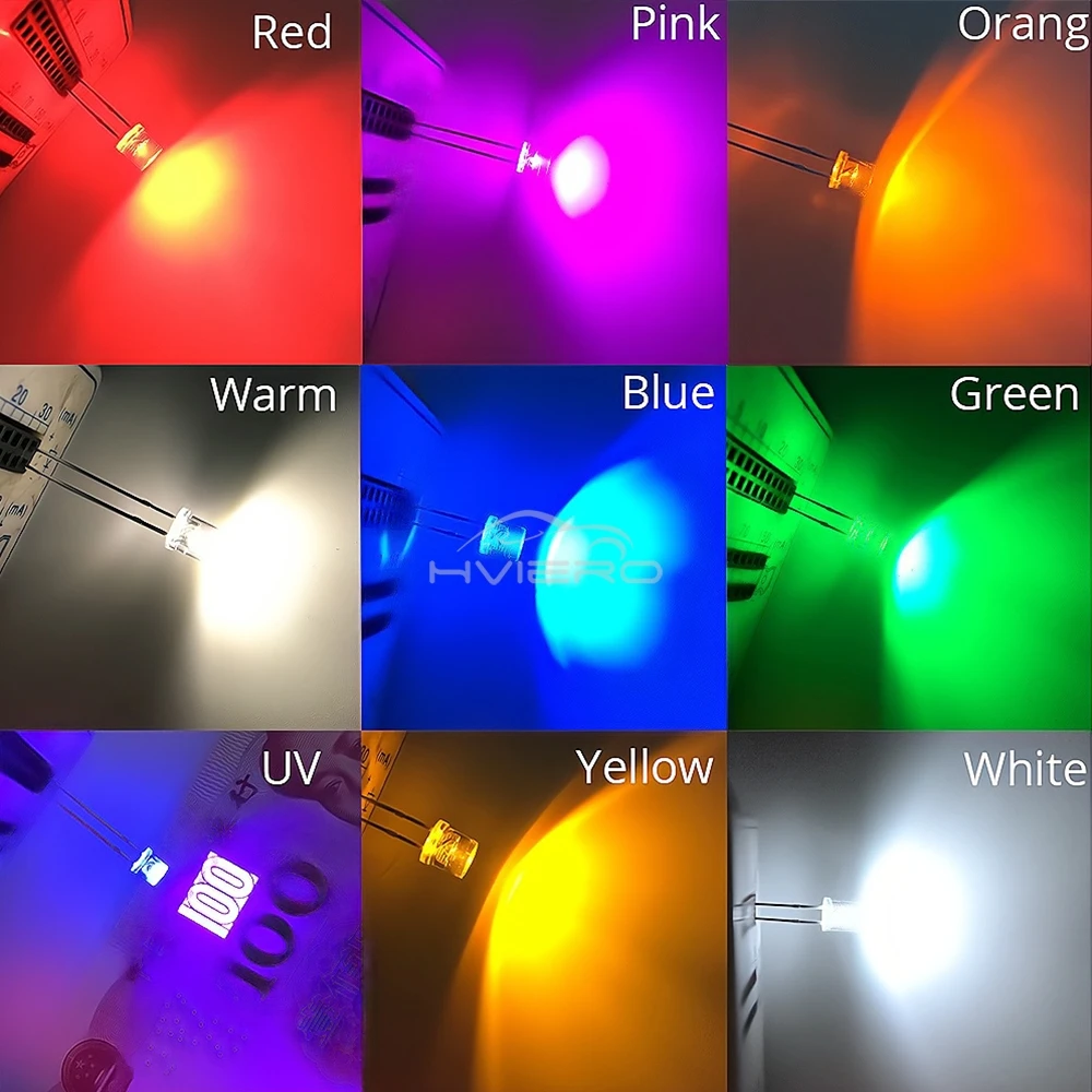 10/100X Min F5 5mm Flat Top White Pink Yellow Blue Wide Angle Light Diode Water Clear LED Bead Ultra Bright Bulb Emitting Lamp