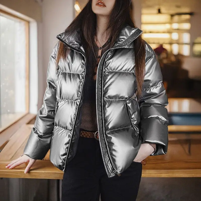 Maden Casual Shiny 90% White Duck Down Jacket Short Stand-up Collar Warm Puffer Jacket for Women Fall and Winter Thickened Coat