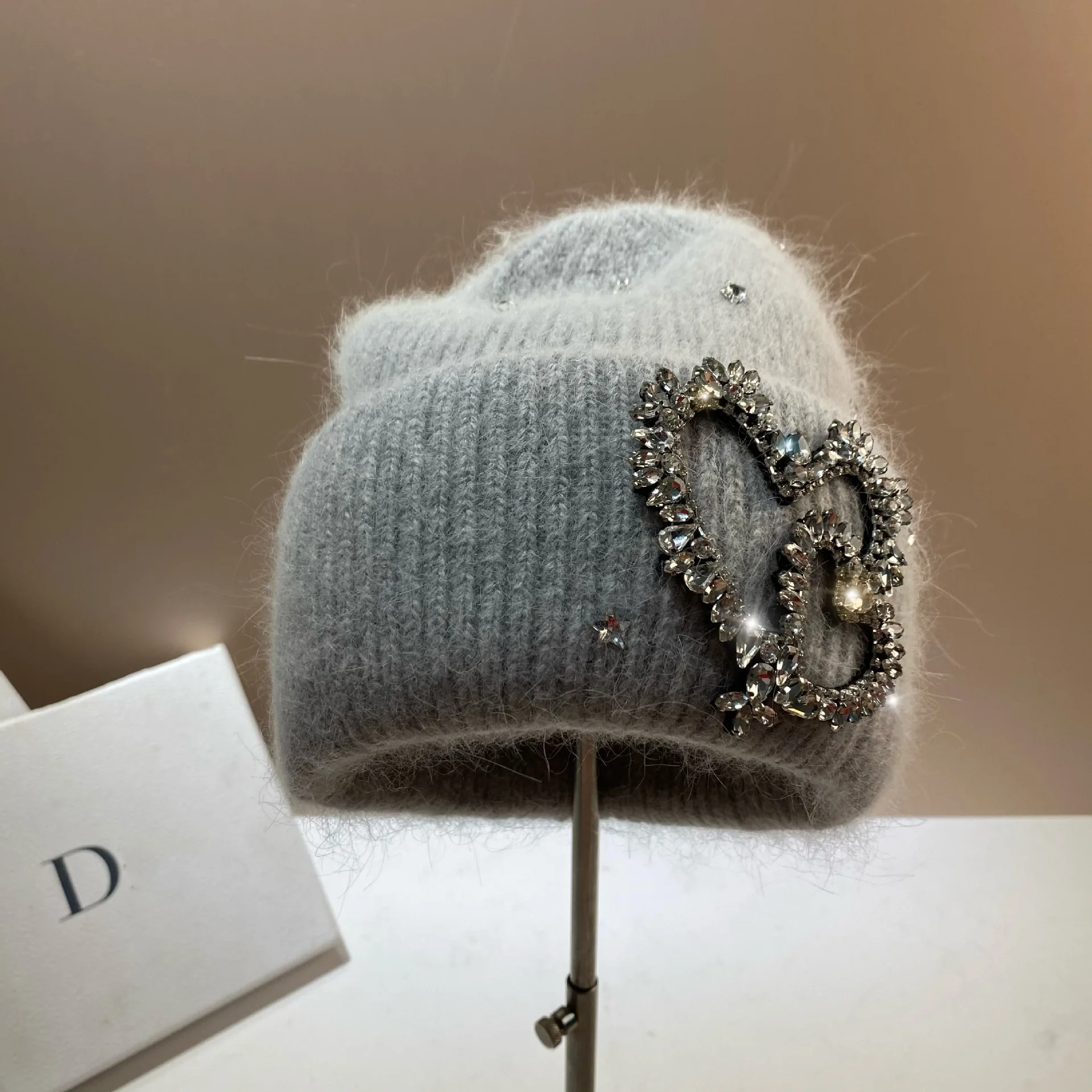 Real Rabbit Fur Winter Beanies for Women Warm Knitted Hats Luxury Rhinestones Knit Bonnet Ear Protection Wool Skullies Thick Cap