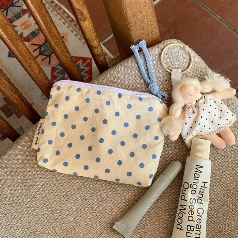 Women's Light Blue Polka Dot Stripe Plaid Mini Cosmetic Bags Sanitary Napkin Earphone Lipstick Storage Pouch Makeup Case