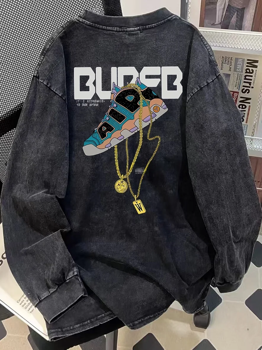 

Retro Waed Long Sve T-irt ex Spring Autumn Loose Versatile Top American High Street Faion Brand Youth ular Co...