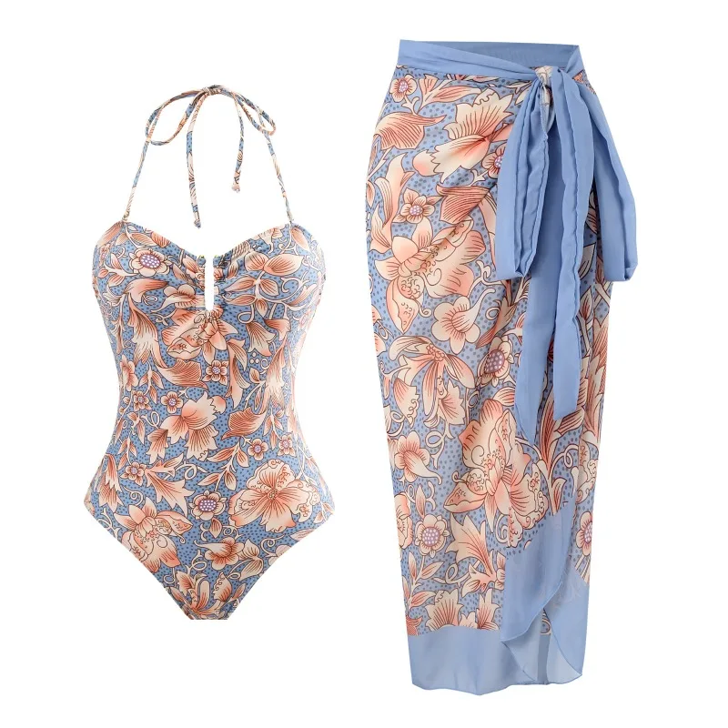 Conjunto de maiô retrô com estampa floral para mulheres, roupa de banho de uma peça, cintura alta, laço no pescoço, verão, novo, 2024