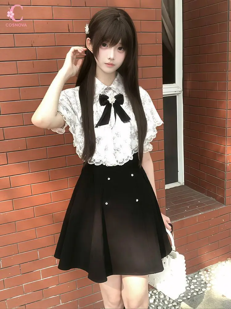 

Japanese Lolita Style Lace Short Sleeve Bow Printed Women 2 Piece Sets Pearl Skirt Suits Female Sweet Kawaii Daily Streetwear