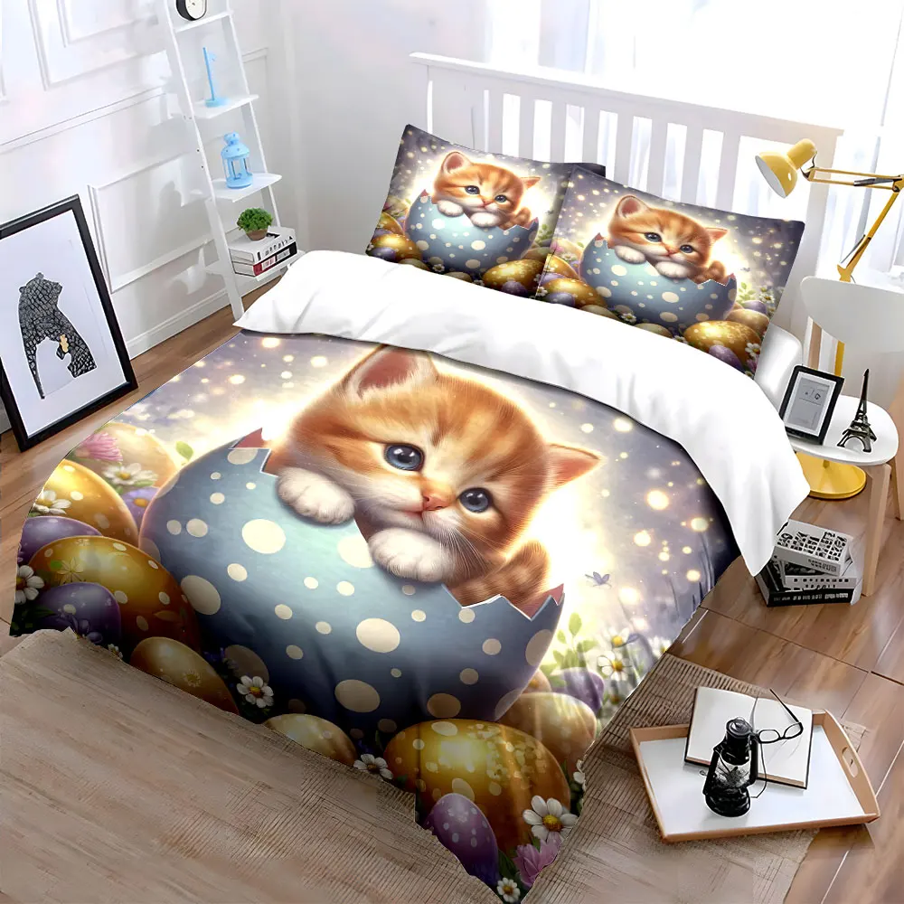 Kitten in egg surrounded by flowers Print Bedding Set 1 Duvet Cover 2 Pillowcases for Adult and Children Luxury Gift Full Size