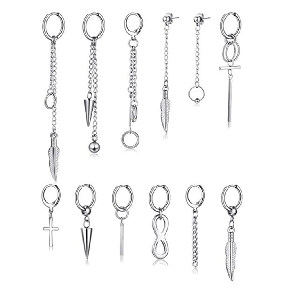 2pcs/set Black Or Silvery Unisex Punk Stainless Steel Cross Cone Feather Chain Pendant Hoop Earrings Ear Stud Jewelry Set