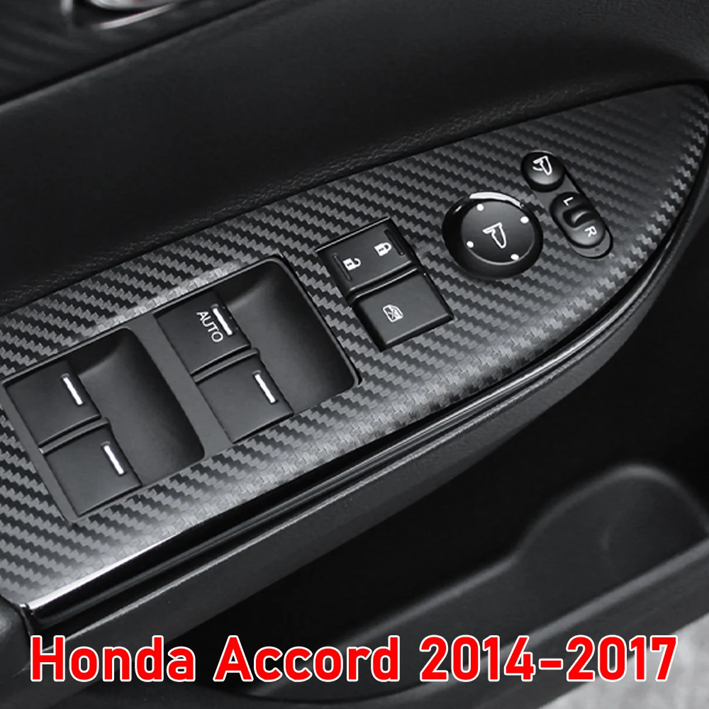 Car Styling Black Carbon Decal Car Window Lift Button Switch Panel Cover Trim Sticker 4 Pcs/Set For Honda Accord 2014-2017