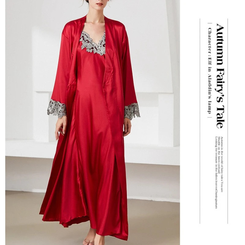 Krismile 2 Piece Sets Nightgowns Women 2025 Spring Autumn Elegant V Neck Slip Dress Patchwork Lace Robe Sleepwear Female