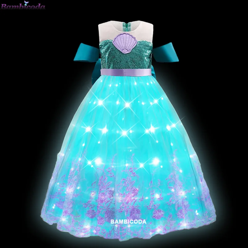 LED Light Up Dress Girls Princess Dresses Cosplay Little Mermaid Ariel Costume Carnival Birthday Party Children Fancy Dress