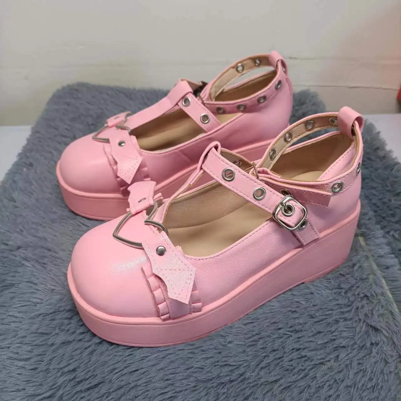 Woman Lolita Mary Jane Shoes Platform Cute Kawaii Elegant Casual Leather Wedges Pink Designer Dress Fashion Round Toe Plus Size