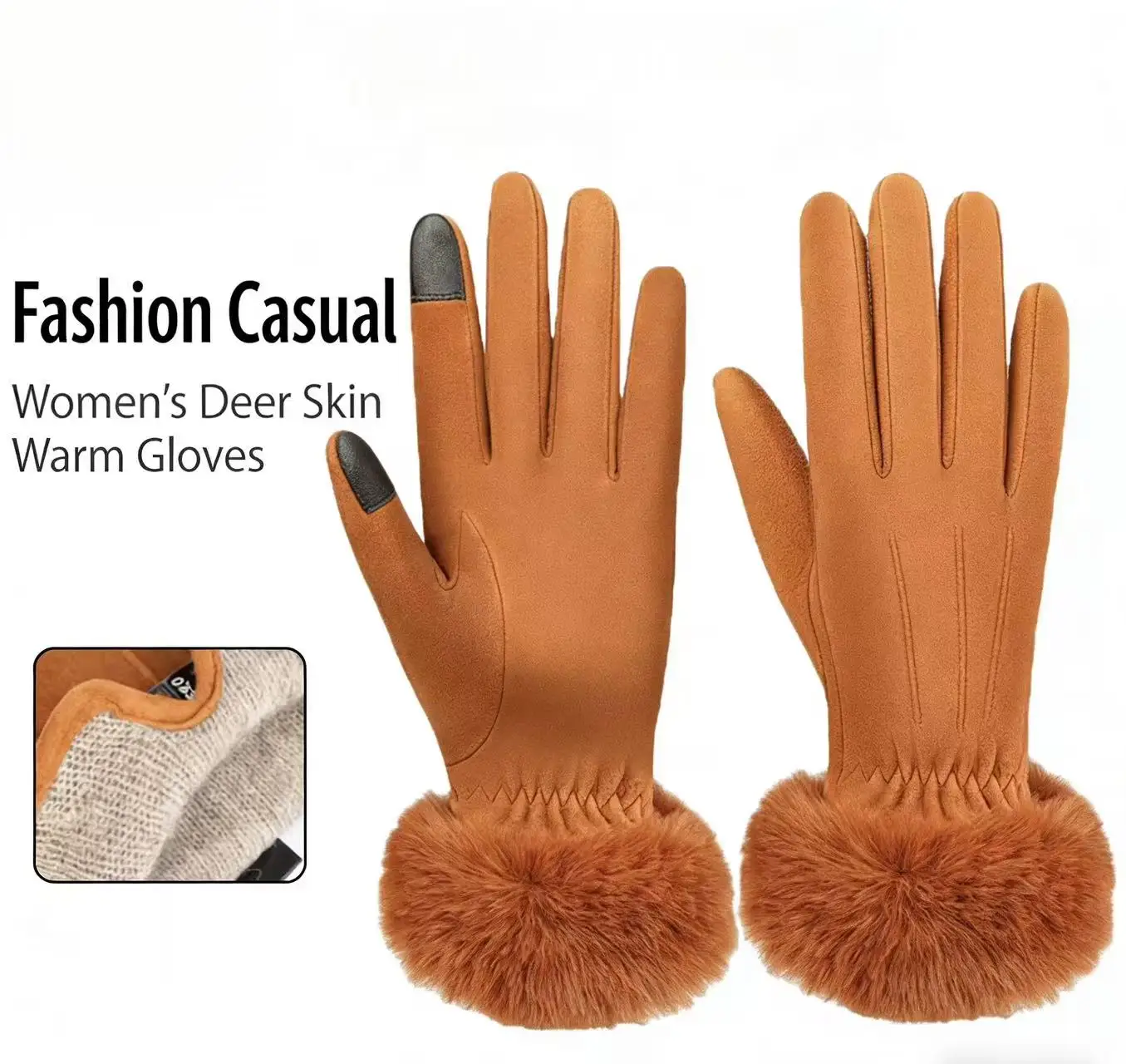 

Women's Deerskin Warm Gloves Autumn Winter Korean Style Cashmere-lined Touch Screen Gloves Cycling Driving Non-slip Ski Gloves