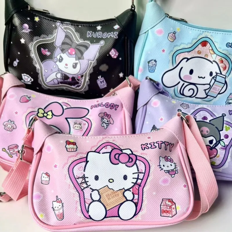 

Kawaii Hello Kitty Crossbody Shoulder Bag MINISO Anime Kuromi Cinnamoroll Lovely Ma'am Cartoon Double Sided Printing Croissant