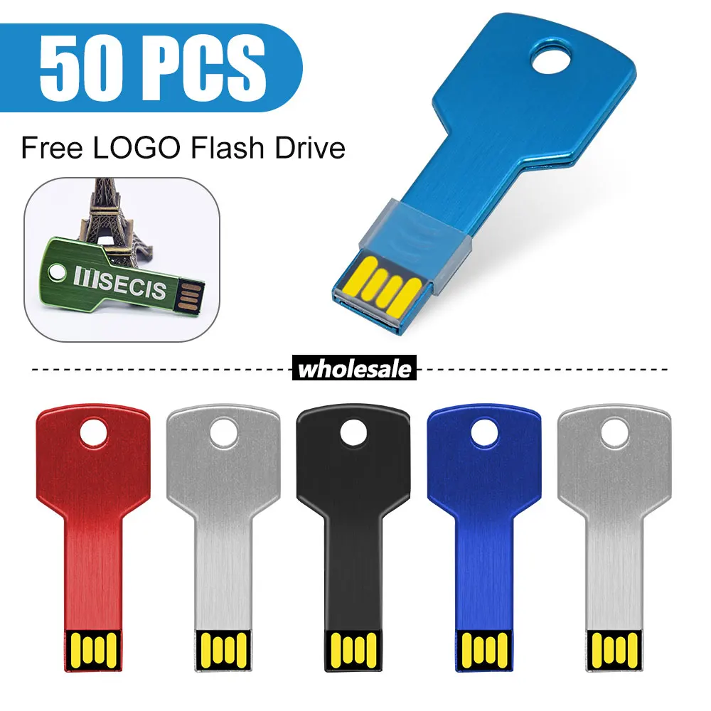 

50PCS/lot Metal Key Shape USB Flash Drive 64GB 128GB Multiple color options Pen Drives Stick 32GB 16GB High Speed U Disk