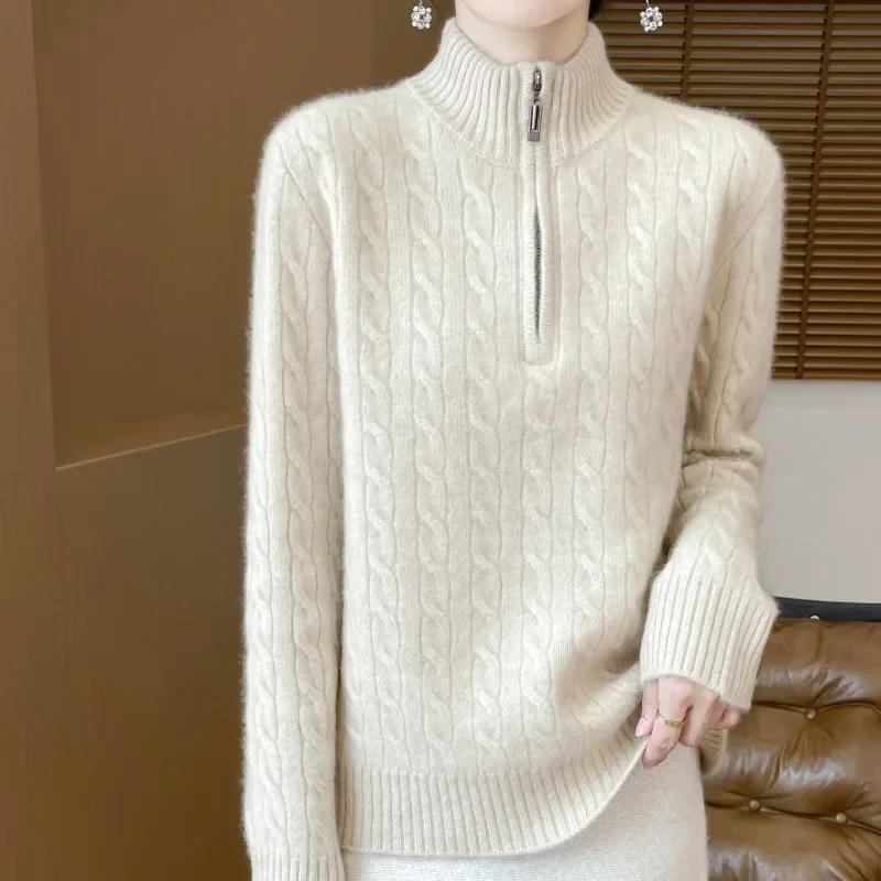 100% Pure Woolen Sweater Women's Half Zip Stand Collar Cashmere  Pullover  Loose Knit Twist