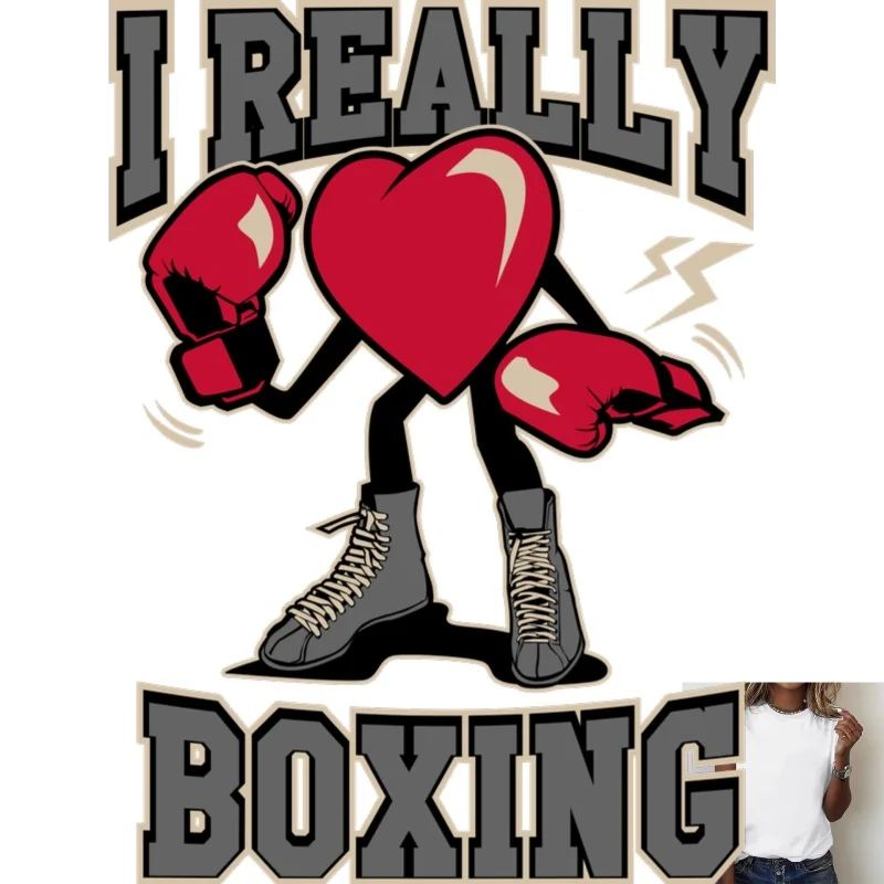 Trendy Boxing Heart Pattern Heat - Transfer White Ink Iron - on Decal, Sports Style, Suitable for T - Shirts, Canvas Bags,