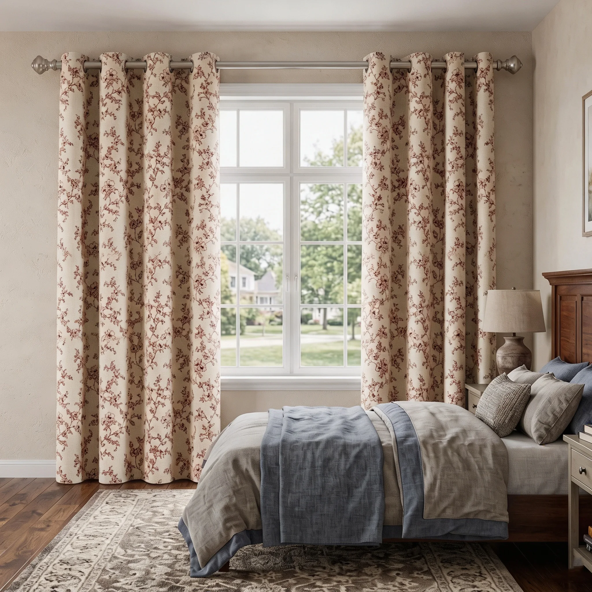 2 Panels Floral Print Blackout Curtains, Grommet Top Window Drapes for 100% Light Blocking, Thermal Comfort & Privacy, Elegant Indoor Decor for Home