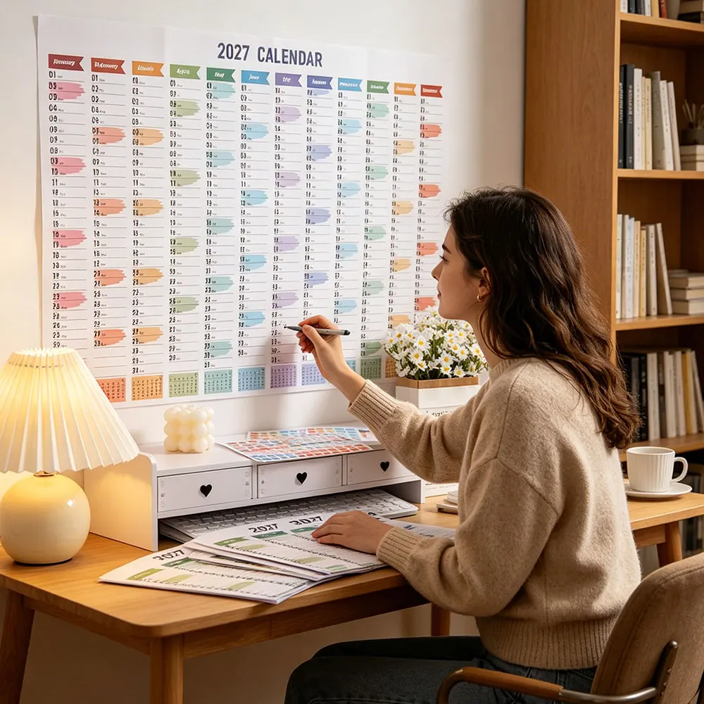 2027 Large Wall Calendar Set with Colorful 365 Daily Pages Stickers Memo Sections Organizer Decor for Home Office School