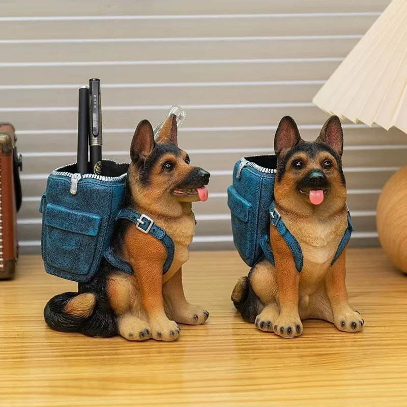 Lifelike German Shepherd Sculpture Pen Holder, New Resin Craft Desktop Stationery Organizer, Stylish Tabletop Decor Ornament for