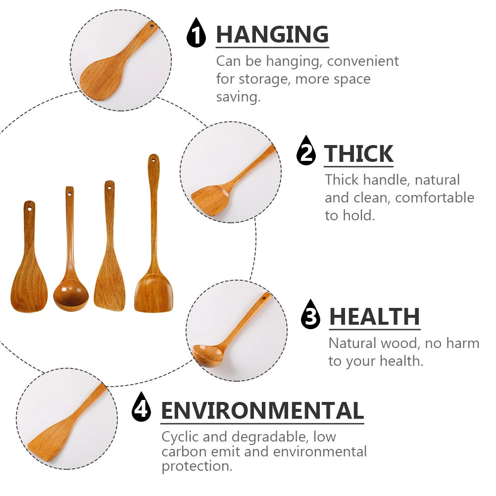 

1Set Wooden Spatula Set Natural Wood Kitchen Tools Cooking Utensils Heat Insulation Hanging Storage Cookware Set