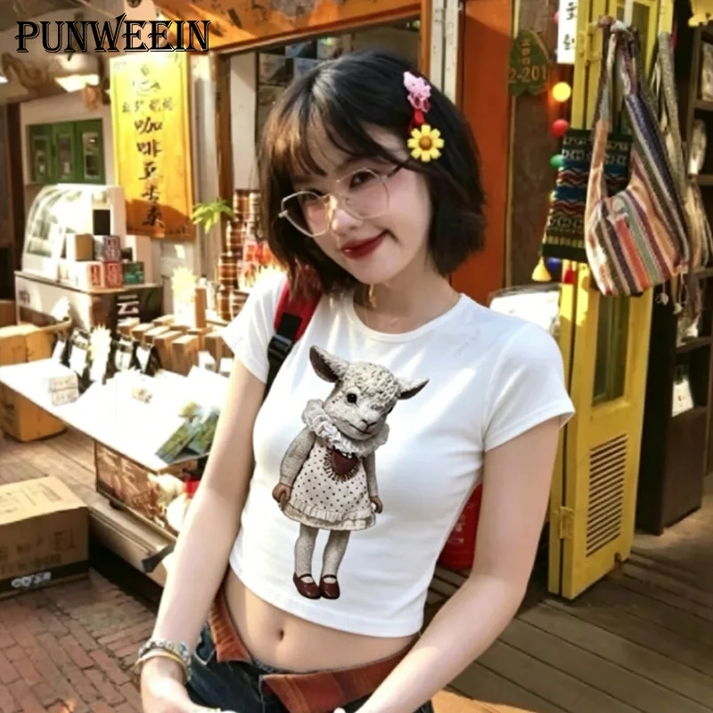 Ntage Cute Lamb Doll Print Women Crop T Shirt Y2K Kawaii Sheep Graphic Slim Fit Short Sleeve Cropped Tee Tops Women Clothing