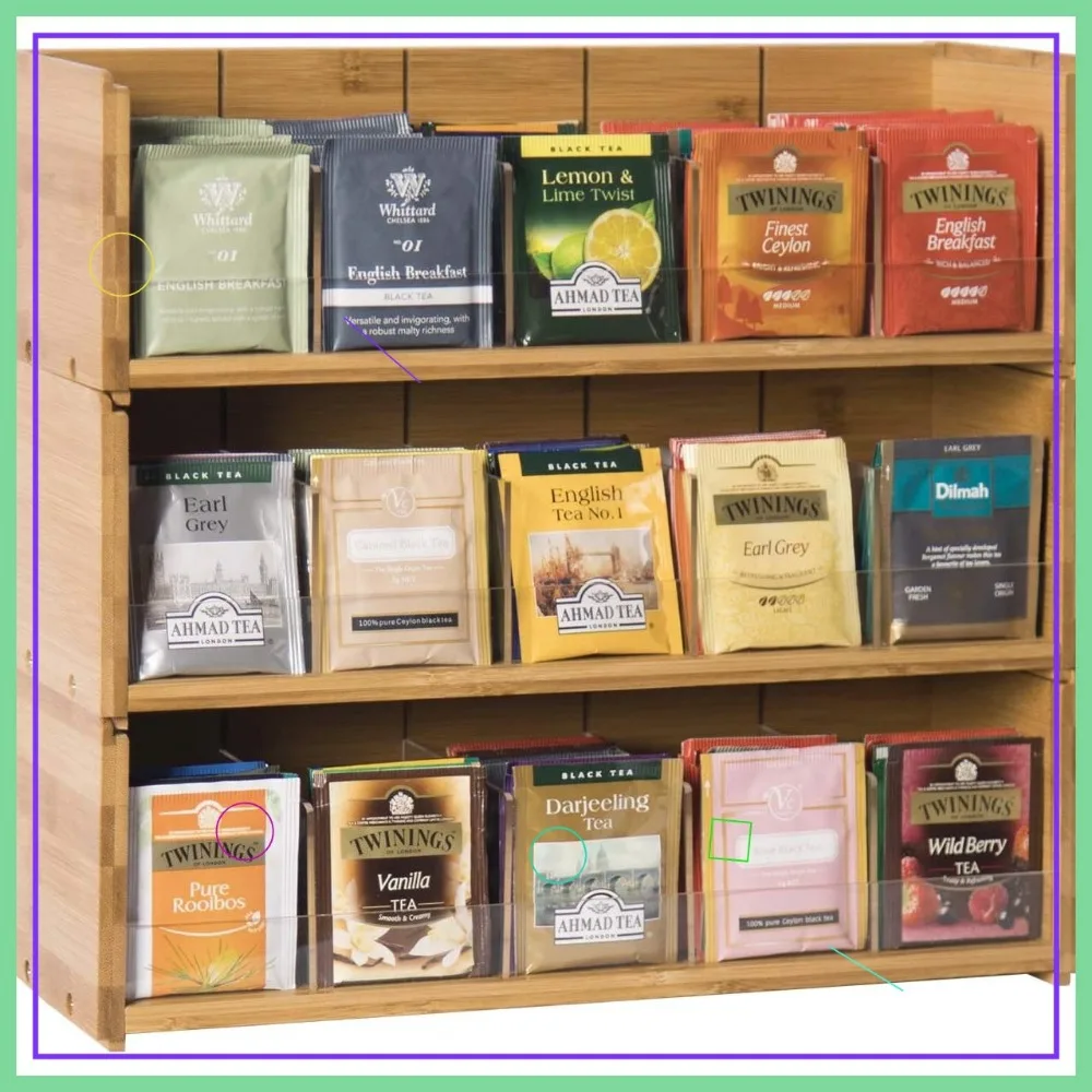 

3-Tier Stackable Bamboo Tea Bag Organizer with Adjustable Compartments, Wall Mount or Countertop Storage Box for Kitchen Cabinet