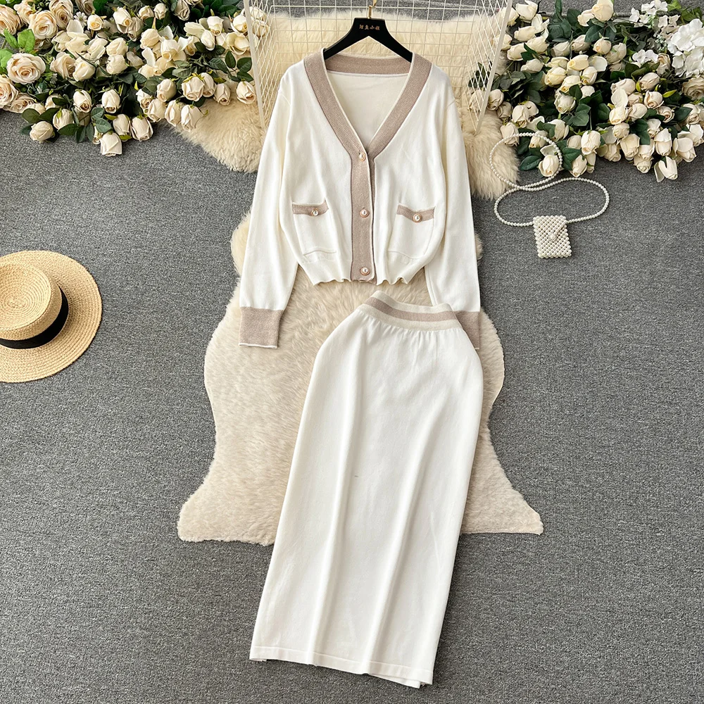 Croysier Matching Co Ord Outfit Women Faux Pearl Buttoned Cardigan And High Waist Skirts Sets Elegant Casual Knit Two Piece Set